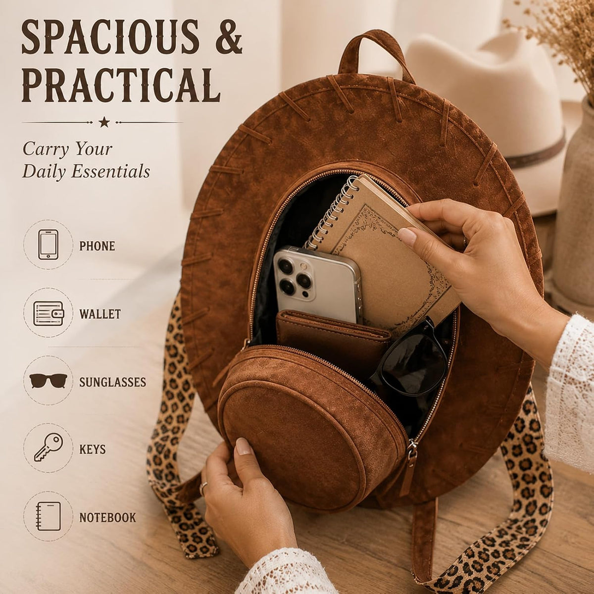 Suede Cowboy Hat Backpack with Leopard Print Strap