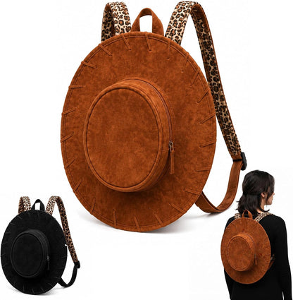 Suede Cowboy Hat Backpack with Leopard Print Strap