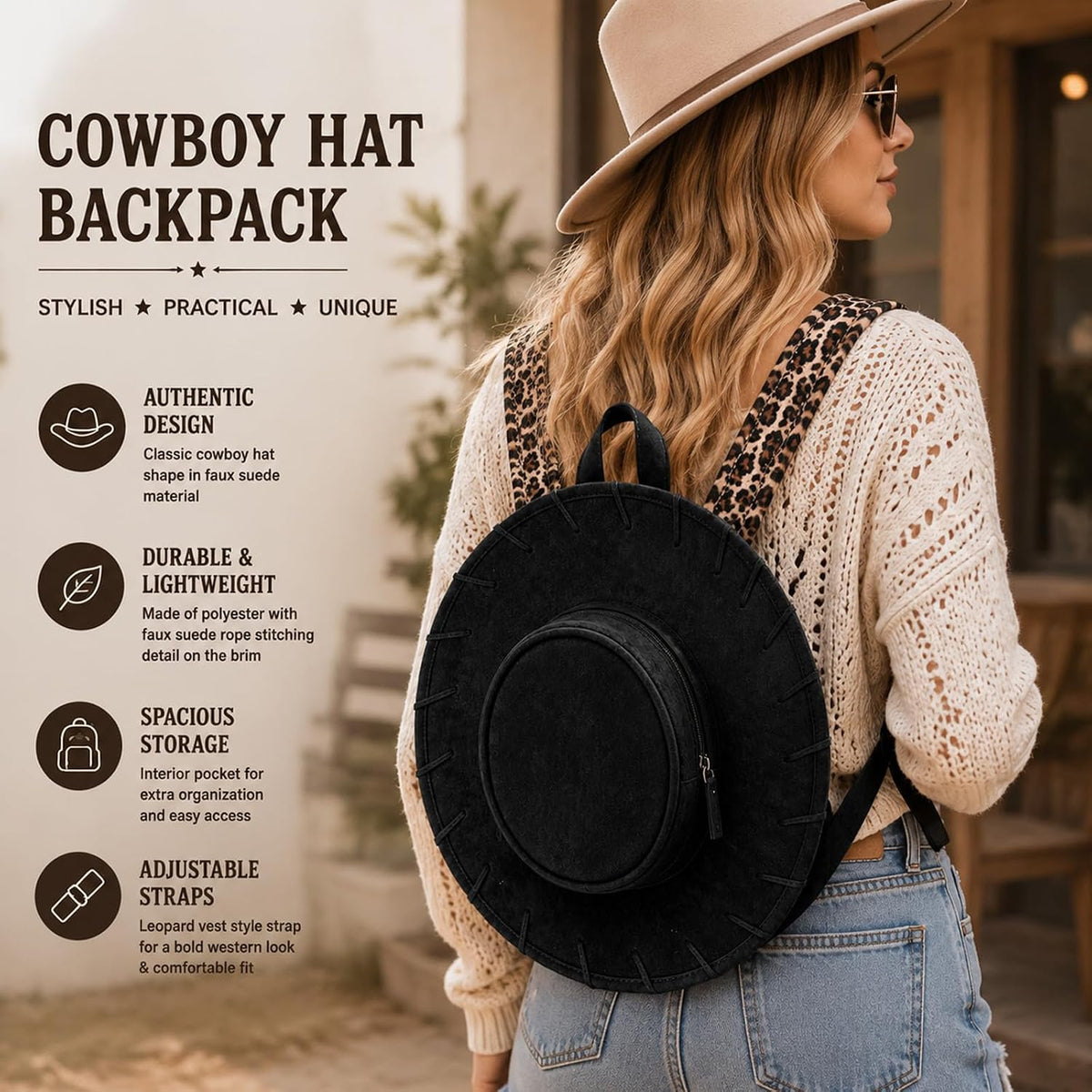 Suede Cowboy Hat Backpack with Leopard Print Strap