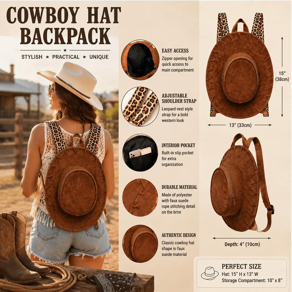 Suede Cowboy Hat Backpack with Leopard Print Strap