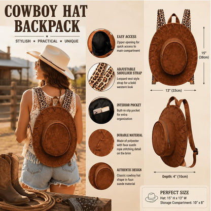 Suede Cowboy Hat Backpack with Leopard Print Strap